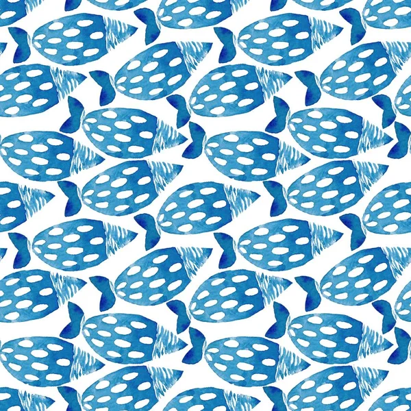 Akvarell sömlösa mönster med blå fisk. Seafood akvarell bakgrund. Fisk bakgrund — Stockfoto