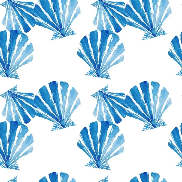 Akvarell sömlösa mönster med blått hav skal. Seafood akvarell bakgrund. Havs skal illustration — Stockfoto