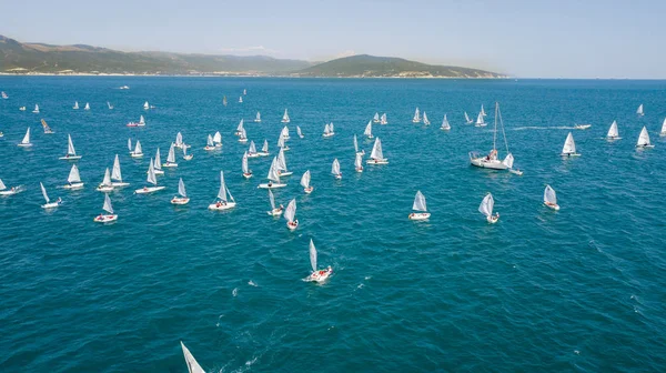 Competition on small yachts under sail on the Black Sea in Novorossiysk. Aerial surveying with overflight around the yachts with the distance and reversal of the camera.