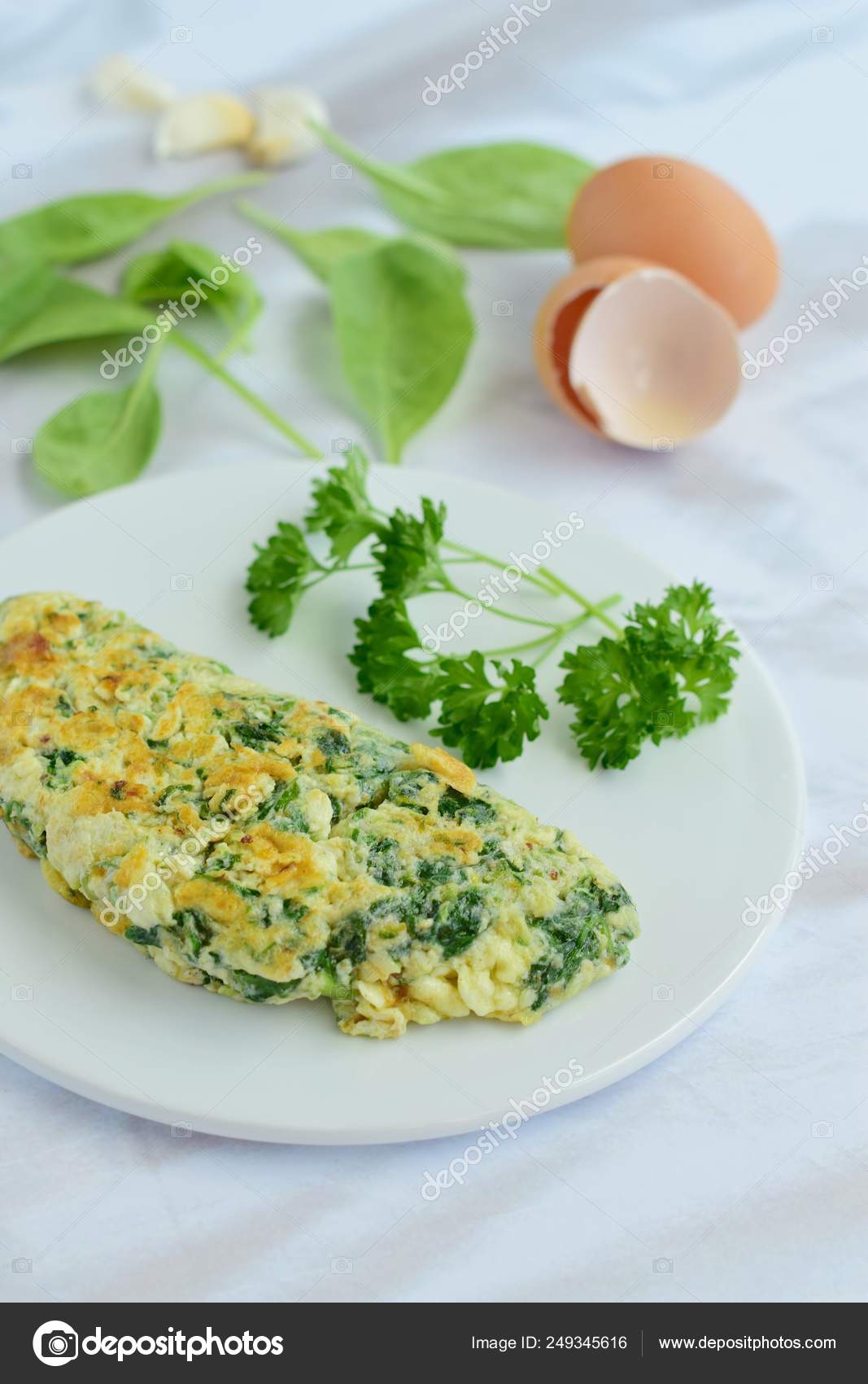 Egg White Omelette Spinach Alfalfa Sprout Parsley Stock Photo by
