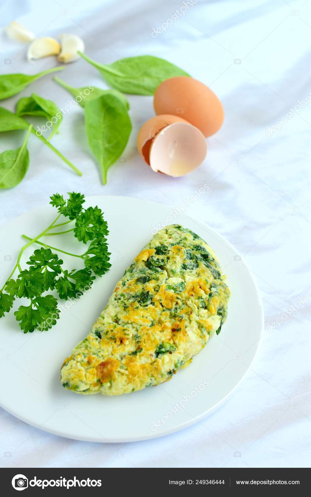 Egg White Omelette Spinach Alfalfa Sprout Parsley Stock Photo by