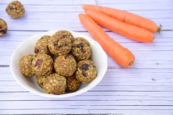 Carrot Oat Date Energy Balls Gluten Free Vegan Food Wooden — стоковое фото
