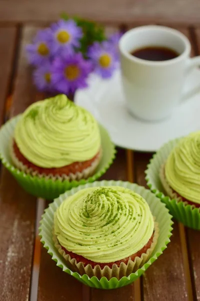 Cupcakes Chá Verde Matcha Servido Com Chá — Fotografia de Stock