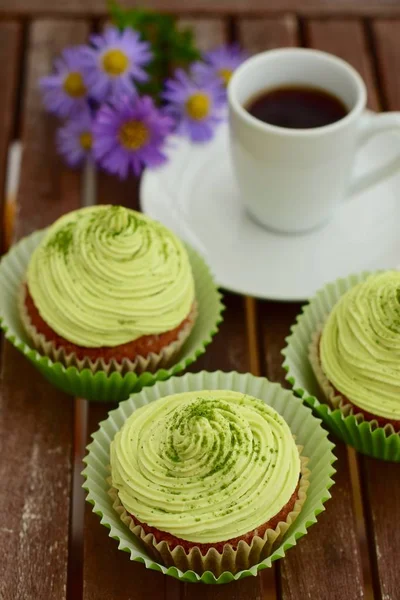 Cupcakes Chá Verde Matcha Servido Com Chá — Fotografia de Stock