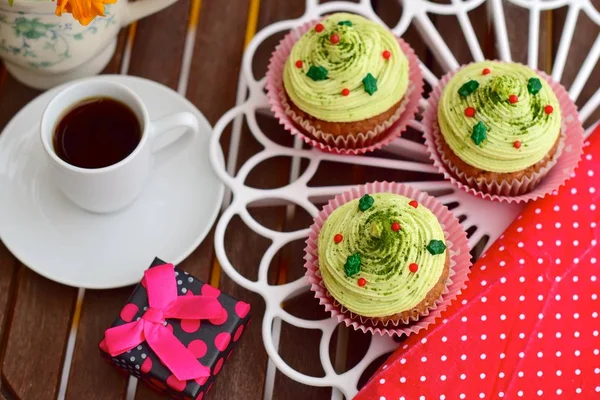 Cupcakes Chá Verde Matcha Servido Com Chá — Fotografia de Stock