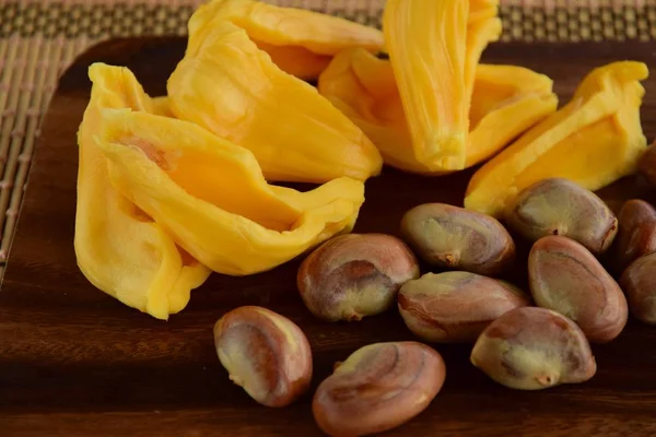 Ripe Jackfruit Nangka Seeds Wooden Board — Stock Photo, Image