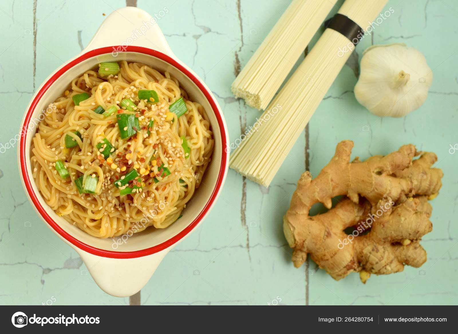 Somen Noodle Spicy Garlic Ginger Sesame Soy Sauce Stock Photo by