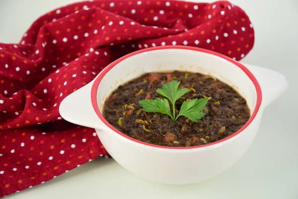 Beluga Lentil Soup Tomato Sprouts Garnish Parsley — Stock Photo, Image