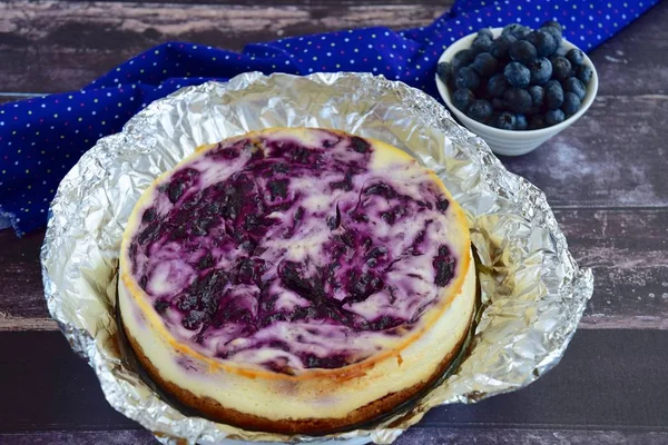 Homemade Swirl Blueberry Cheesecake Dark Wooden Background — Stockfoto