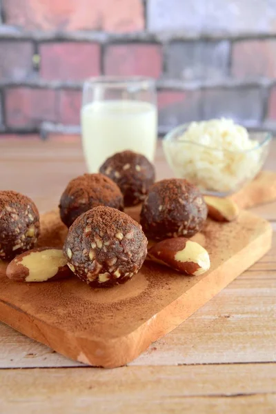 Healthy Organic Brazil Nut Coconut Chocolate Energy Balls Served Milk —  Fotos de Stock