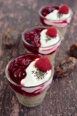 Yoğurt ve ahududu soslu puding.