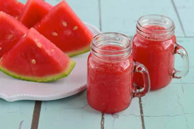 Fresh watermelon juice in jars 