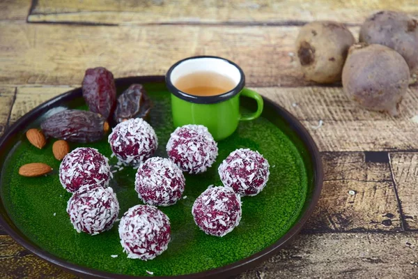 Beetroot date almond coconut energy balls