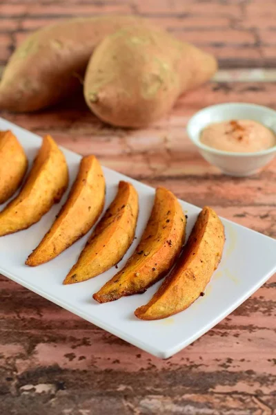 Roasted Sweet Potato Wedges Mayonnaise Chili Sauce — стоковое фото