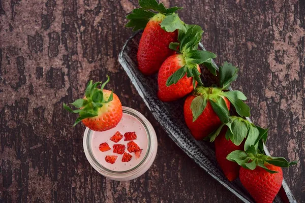 Fresh Organic Strawberry Smoothie Jar Wooden Background — Fotografia de Stock