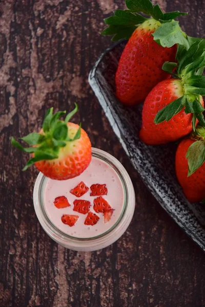 Fresh Organic Strawberry Smoothie Jar Wooden Background — Fotografia de Stock