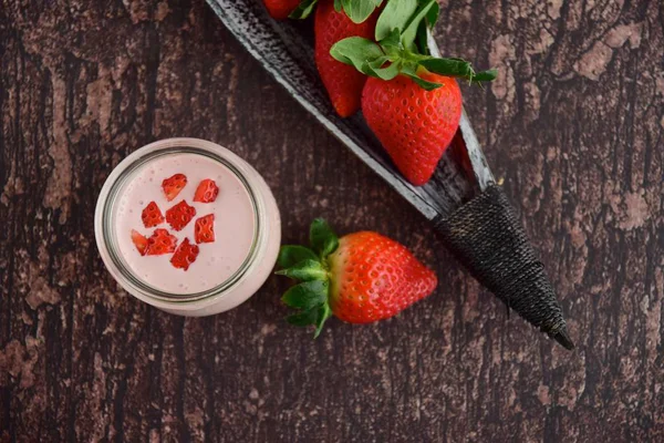 Fresh Organic Strawberry Smoothie Jar Wooden Background — Stockfoto
