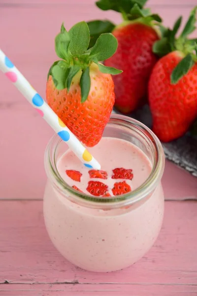 Fresh Organic Strawberry Smoothie Jar Wooden Background — Stockfoto