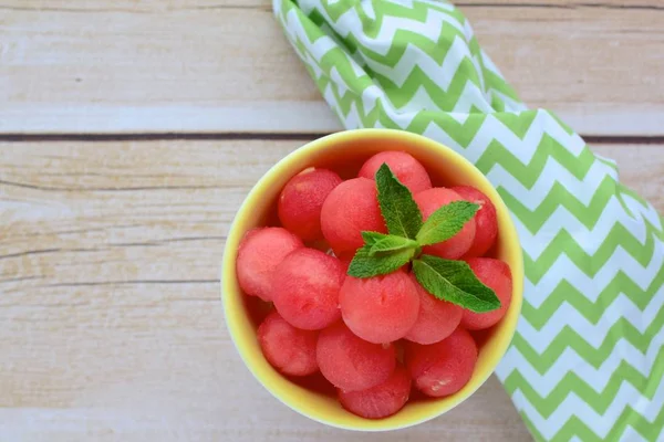 Fruit Salad Watermelon Balls Garnish Mint Leaves — Fotografia de Stock