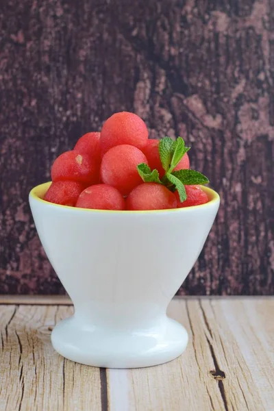 Fruit Salad Watermelon Balls Garnish Mint Leaves — Fotografia de Stock