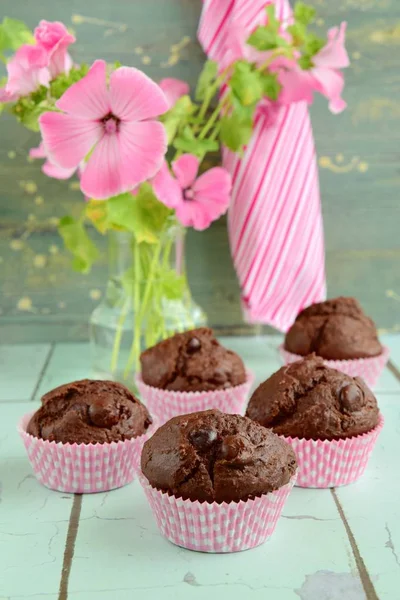 Closeup Baked Chocolate Muffins —  Fotos de Stock