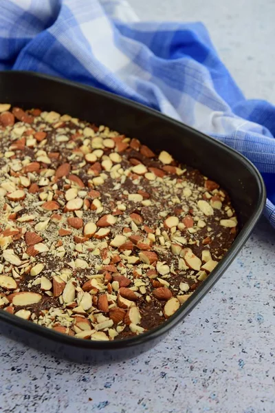 Fudge Brownies Dark Chocolate Cake Topping Almond Nuts — стоковое фото