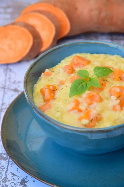 Sweet Potato Risotto Basil Leaves Bowl — Stock Photo, Image