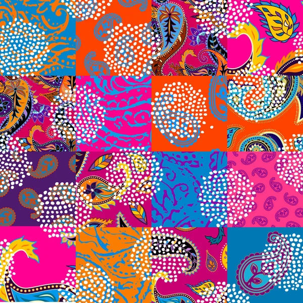 Patchwork pattern with Paisley ornament patterns. Bright magenta and orange colors. — Stock Vector