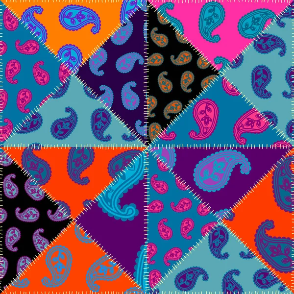 Patchwork pattern with Paisley ornament patterns. Bright magenta and orange colors. — Stock Vector
