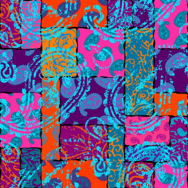 Patrón patchwork con patrones de adorno Paisley. Magenta brillante y colores anaranjados . — Vector de stock