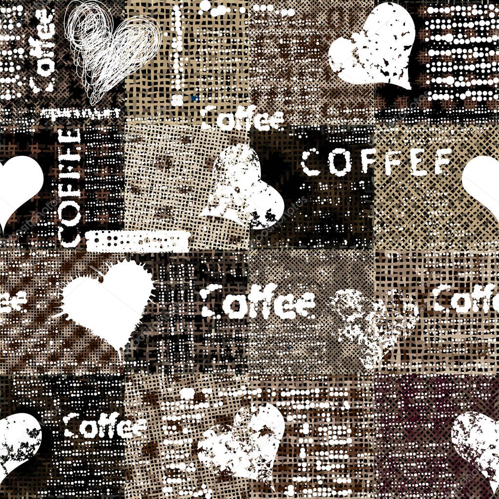 Coffee pattern on a rough canvas texture Seamless pattern.