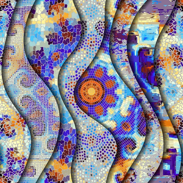 Olas de relieve de patrones de mosaico ornamentales — Vector de stock