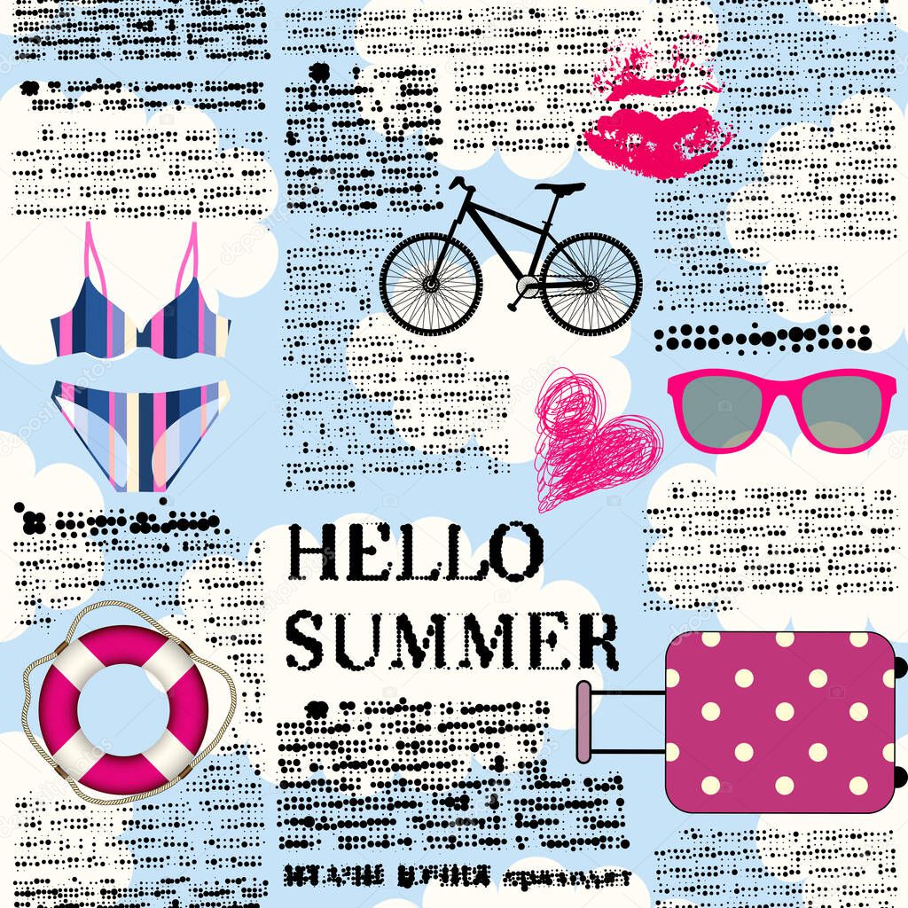 Seamless background pattern. Imitation of halftone newspaper with word Hello Summer.