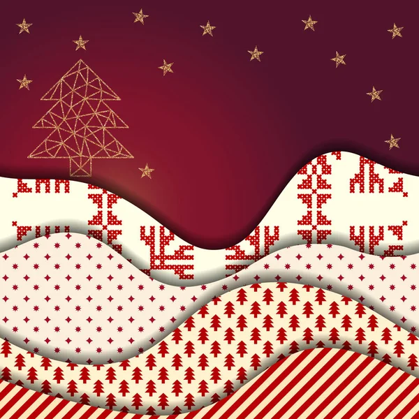 Cartão de Natal com árvore de Natal em estilo de papel de escultura. — Vetor de Stock