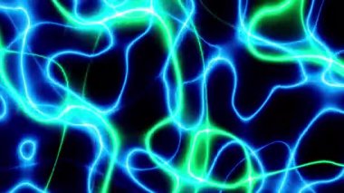 Döngülü 3D animasyon. Yükselen renkli neon çizgileri ve parlak izleri olan soyut bir arkaplan. Neon çizgileri arkaplan