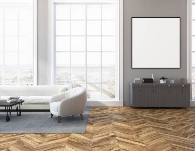 Çatı katında salon iç Gri duvarlar, ahşap zemin, uzun beyaz kanepe ve koltuk yakınındaki bir sehpa. Çekmeceli kare posteri 3d render ile alay