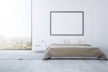Lüks İskandinav tarzı yatak odası iç ana yatak ve üstündeki poster kadar büyük yatay sahte. 3D render