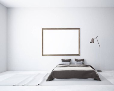 Halı zemin, bir çift kişilik yatak ve bir çerçeve yatay poster üzerinde asılı beyaz yatak odası iç. 3D render alay