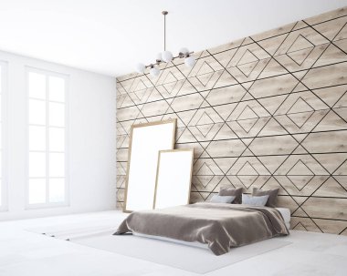 Halı zemin, bir çift kişilik yatak ve iki çerçeve dikey posterler yanında duran ile elmas desen ahşap duvar yatak odası iç. Yan görünümü. 3D render alay