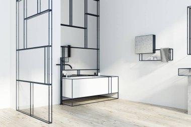 Büyük bir köşe küvet, cam lavabo, ayna ve kremler için bir raf ile fütüristik beyaz banyo iç. Yan görünümü. Rahat bir ev kavramı. 3D render alay