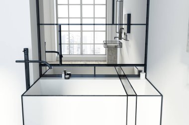 Büyük bir köşe küvet, bir ayna asmak üstündeki ve büyük bir pencere ile fütüristik beyaz banyo iç. Rahat bir ev kavramı yakından. 3D render alay