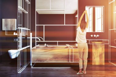 Fütüristik lüks banyo iç siyah duvarlar, ahşap küvet, ayna ve cam duvar ile. Bir kadın stratching. 3D render sahte tonlu görüntü