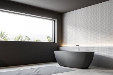 Beyaz mozaik duvar banyo köşe bir halı ile katta, bir dar yatay pencere ve gri bir küvet. 3D render alay