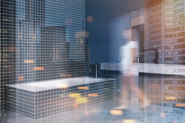 Kadın siyah banyo köşesi uzun bir lavabo ve bir çatı penceresi ile döşenmiş. Bir beton zemin. Rahat ev concept 3d render sahte kadar çift tonlu görüntü pozlaması