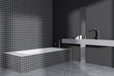 Siyah uzun bir lavabo ve bir çatı penceresi ile banyo köşe döşenmiş. Bir beton zemin. Bir rahat ev concept 3d render alay