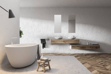 Çift lavabo beyaz banyo iç ahşap zemin, bir halıya ve duvarın yanında beyaz bir küvet. 3D render alay