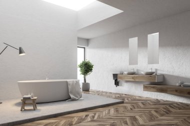 Çift lavabo beyaz banyo köşesi bir ahşap zemin, bir halıya ve duvarın yanında beyaz bir küvet. 3D render alay