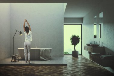 Beyaz duvar banyo iç ahşap zemin, çift lavabo ve bir çatı penceresi ile kadın. Bir tencerede bir ağaç. 3D render sahte kadar çift tonlu görüntü pozlaması