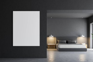 Gri yatak odası iç bir beton zemin, bir karyola ve yatay bir poster duvarda asılı. 3D render alay