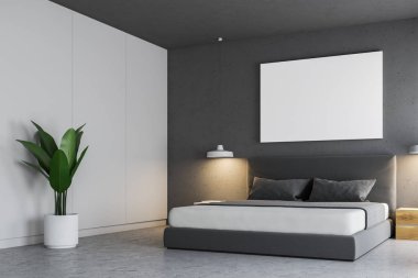 Bir beton zemin, bir karyola ve yatay bir poster üzerinde asılı bir gri yatak odası iç köşesinde. 3D render alay